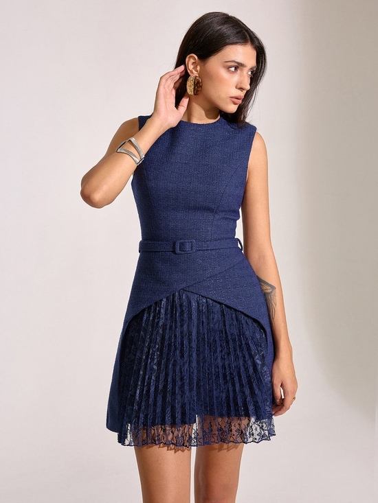 Commense Dresses & Skirts - Commense Navy Textured Sleeveless Mini Dress with Lace Pleat